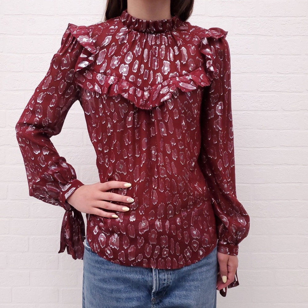 Veronica Beard Burgundy Metallic Print Ruffle Blouse